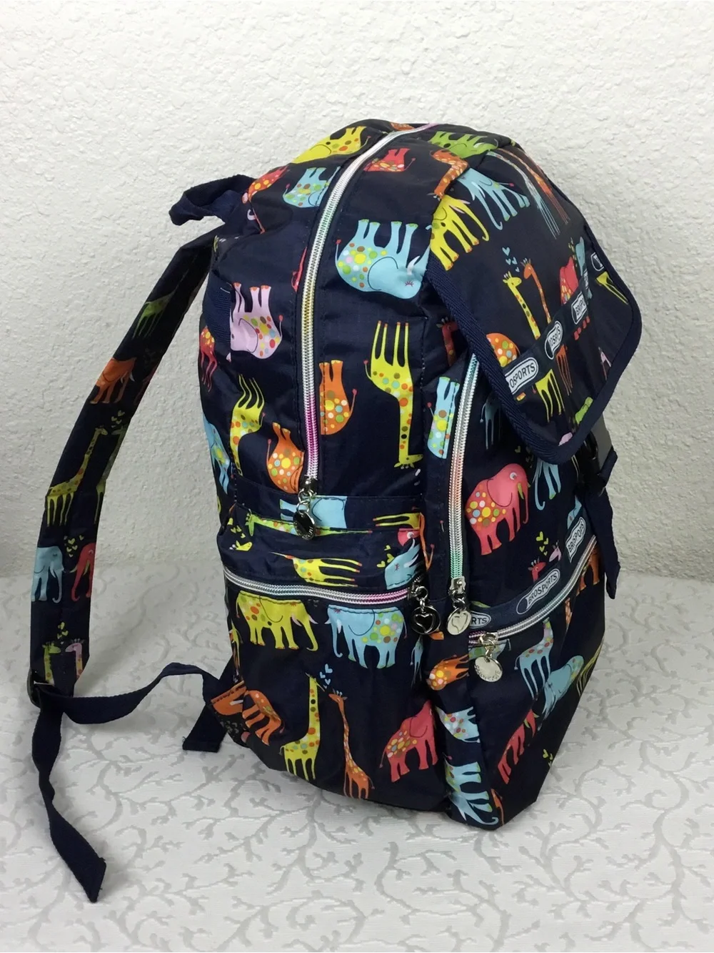 Colorful Giraffe & Elephant Print Navy Backpack